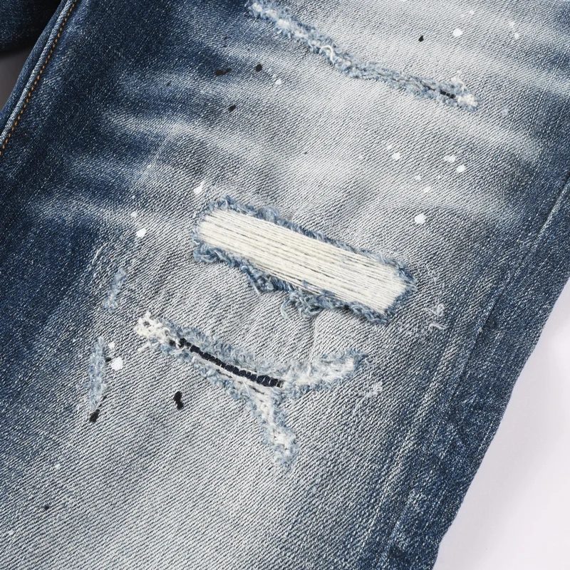 

Fashionable new men's jeans painted retro blue elastic slim fit corrugated jeans men's designer retro brand pants men's style ho