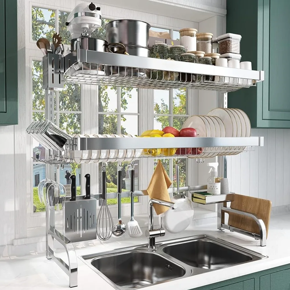 

Over Sink Drainer Drying Rack,Adjustable 3 Tier Large Dish Racks for Kitchen Storage Counter Organizer,Full 304 Stainless Steel