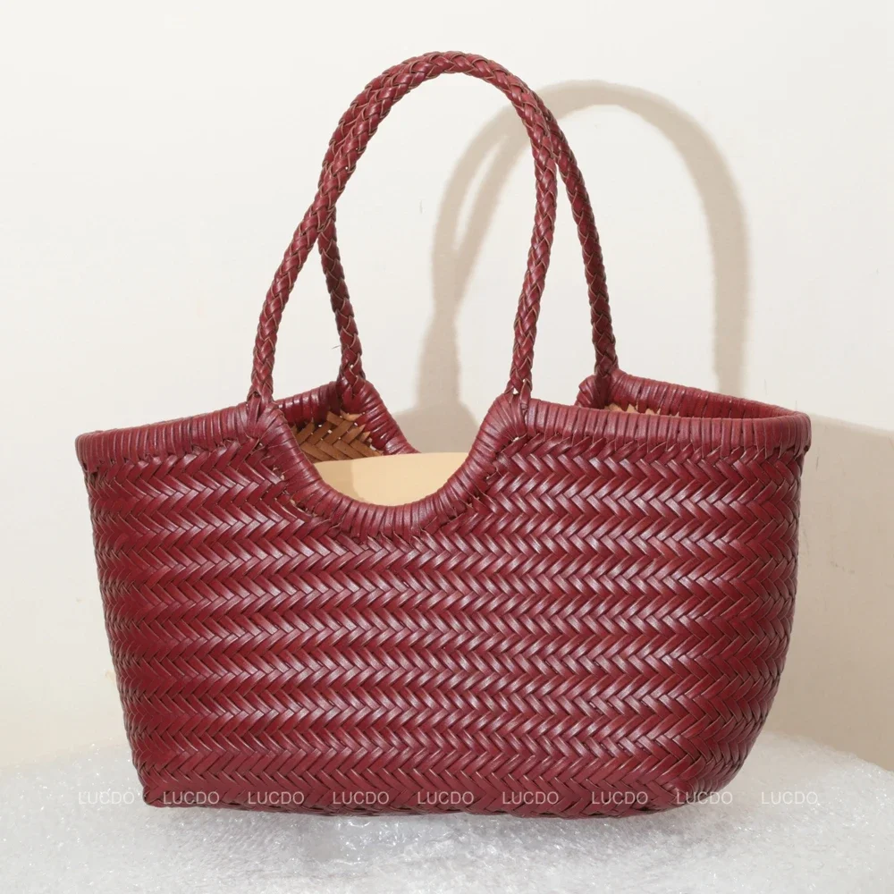 Handbags Women's Genuine Leather Shoulder Bag Weaving Casual Shopping Bag Vintage Big Tote Purse Cowhide Cross Hand Bags Lady image 3