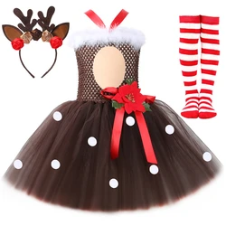 Deer Costume for Baby Girls Christmas Dress Set Brown Reindeer Tulle Tutu Dress Toddler Kids Halloween Costumes Dress Up Clothes