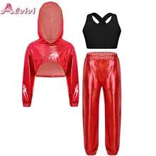 3Pcs/Set Kids Girls Hip-Hop Jazz Dance Performance Costume Long Sleeve Metallic Cropped Hoodie with Cross Back Vest and Pants