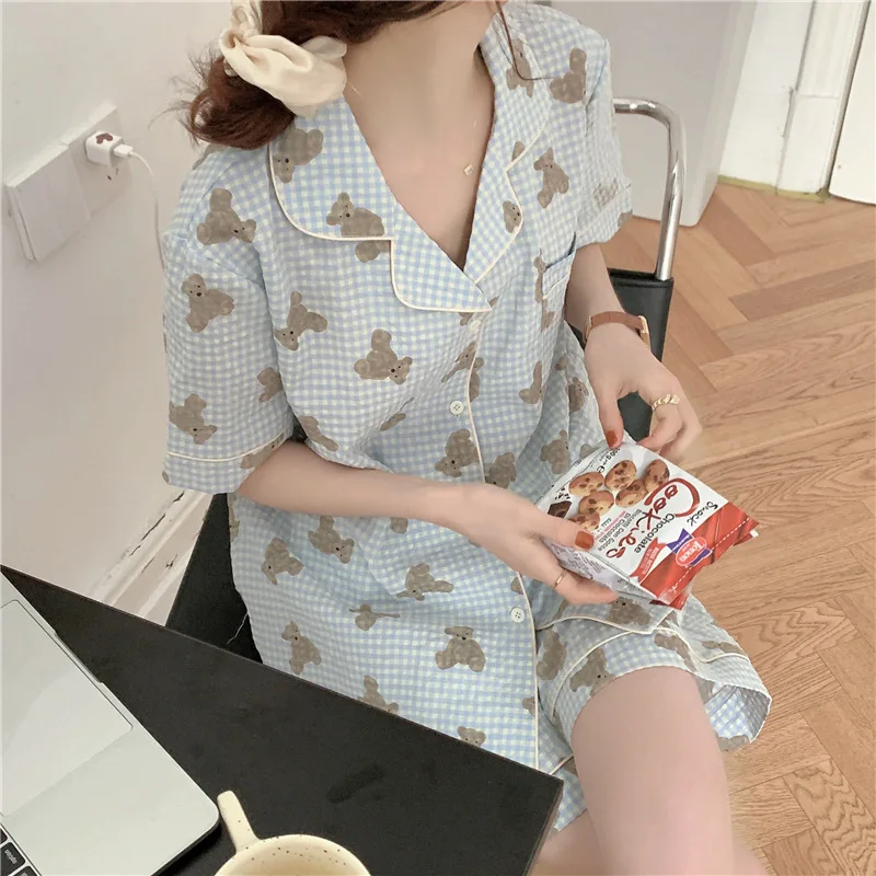 Cute Bear Plaid Pajamas Women\'s Spring and Summer Short Sleeve Cardigan Loungewear Two-piece Set for Students