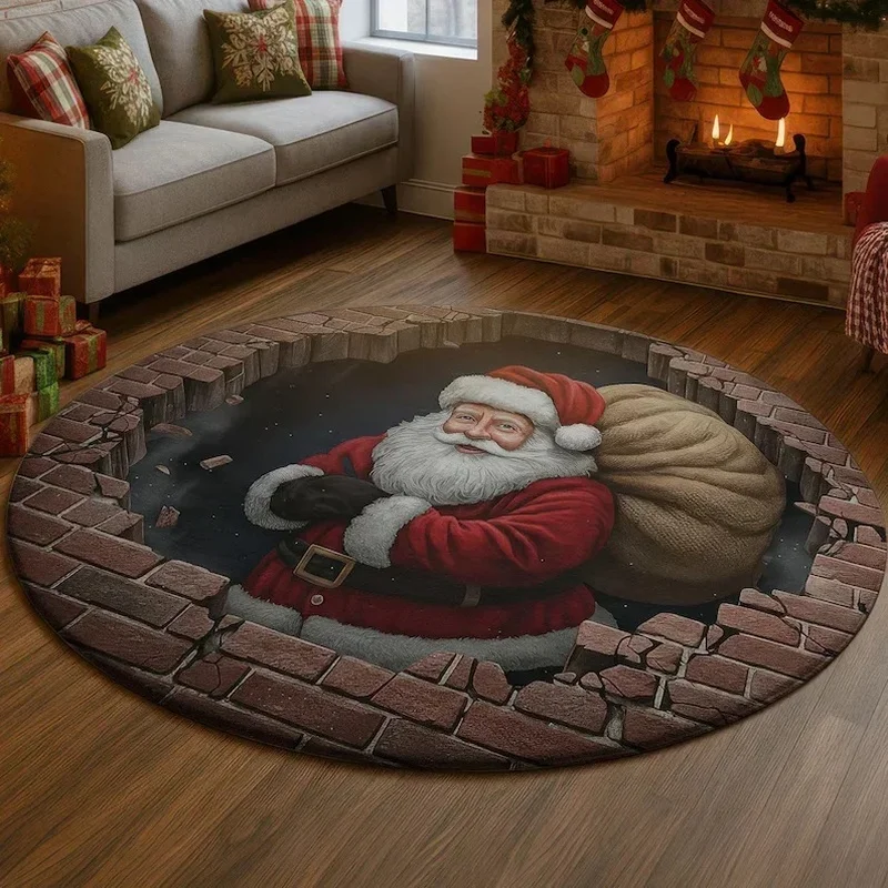 VIKAMA 3D Santa Snow round Rug Non-Slip Christmas Floor Mat Soft Illusion Carpet for Living Room Home Xmas Decor