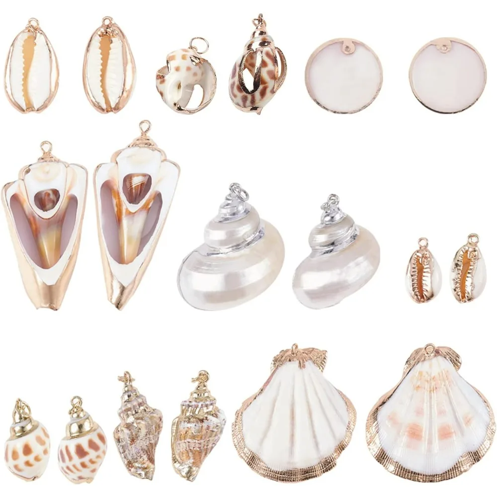 10 Style Natural Sea Shell Charms Beads 20pcs Summer Seashell Pendants Spiral Sea Shells Gold Plated Pendant Ocean Beach Charms