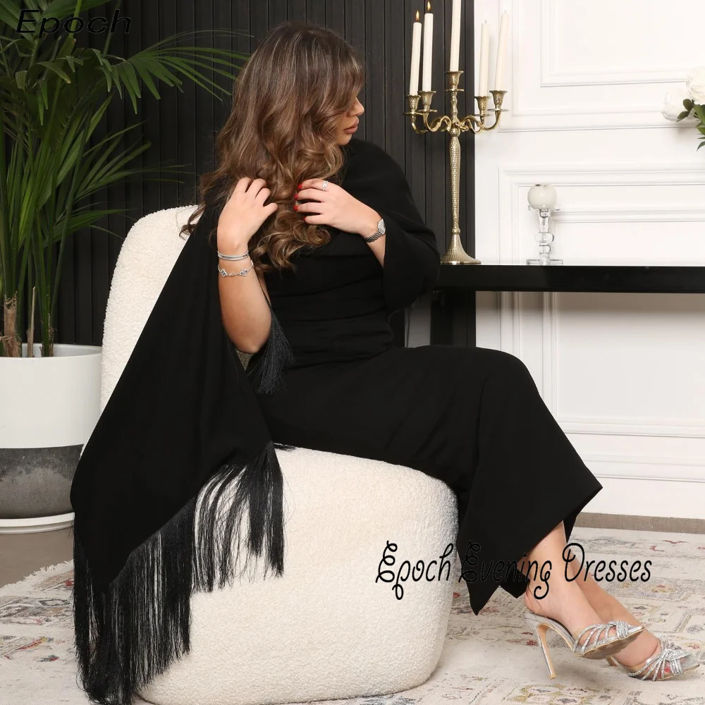 Simple Evening Dress For Sexy Women 2024 New فساتين السهرة Dubai Straight O-Neck Elegant Tassel Black Cocktail Party Prom Gown