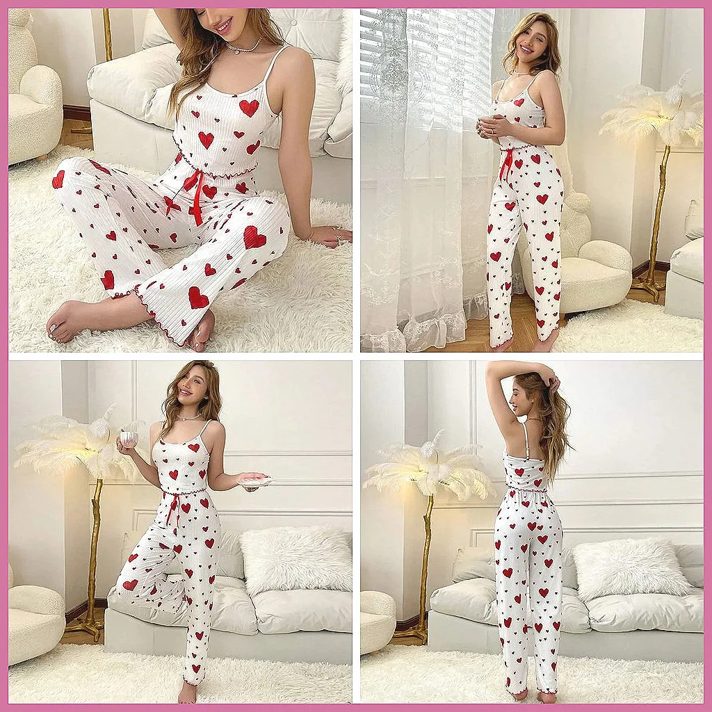 

Strawberry Heart Print Pajama Set 2Pcs - Women's Comfy Camisole & Trousers for Homewear and Outdoor