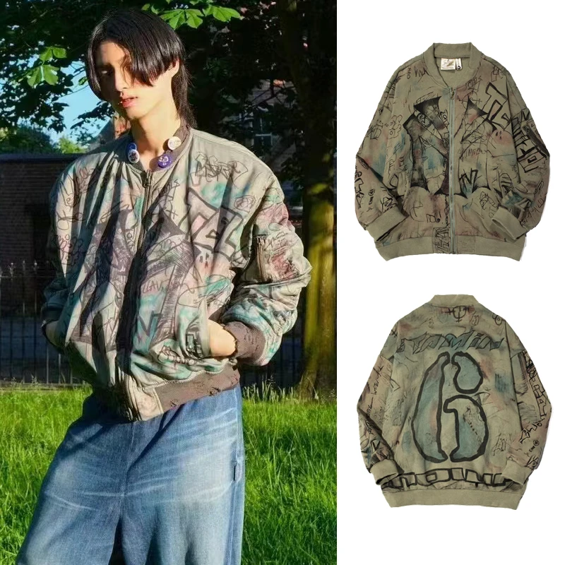 Chaqueta de forro polar verde con cremallera para hombre y mujer, ropa de calle de Hip Hop, Graffiti pintado a mano, Bomber Vintage, ropa de invierno y otoño