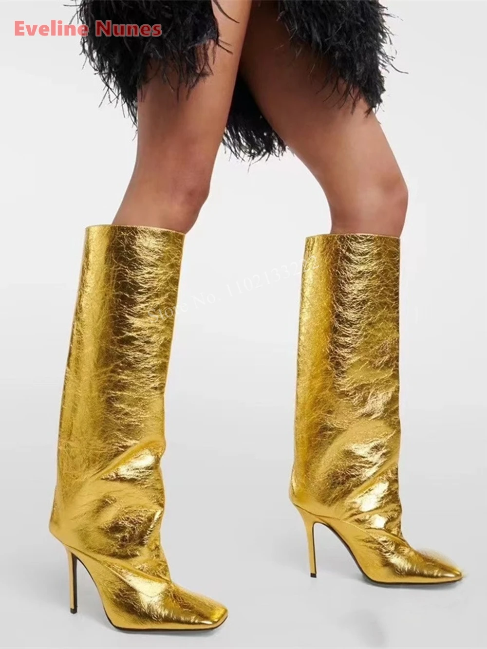 

Gold Stiletto Square Toe Knee Boots 2024 Autumn New Arrival Solid Slip-on Sexy Work Fashion Banquet Shoes For footwear