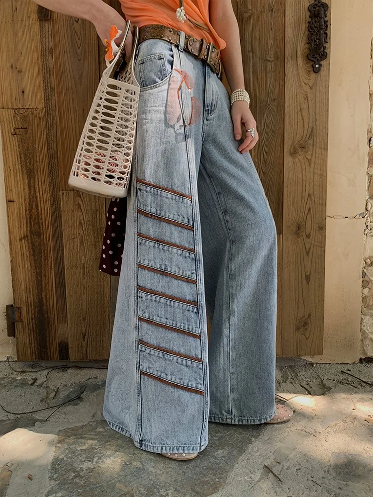 

Джинсы JEJEVTG: широкие, с вышивкой, в американском ретро-стиле, повседневные, с высокой талией, длинные брюки