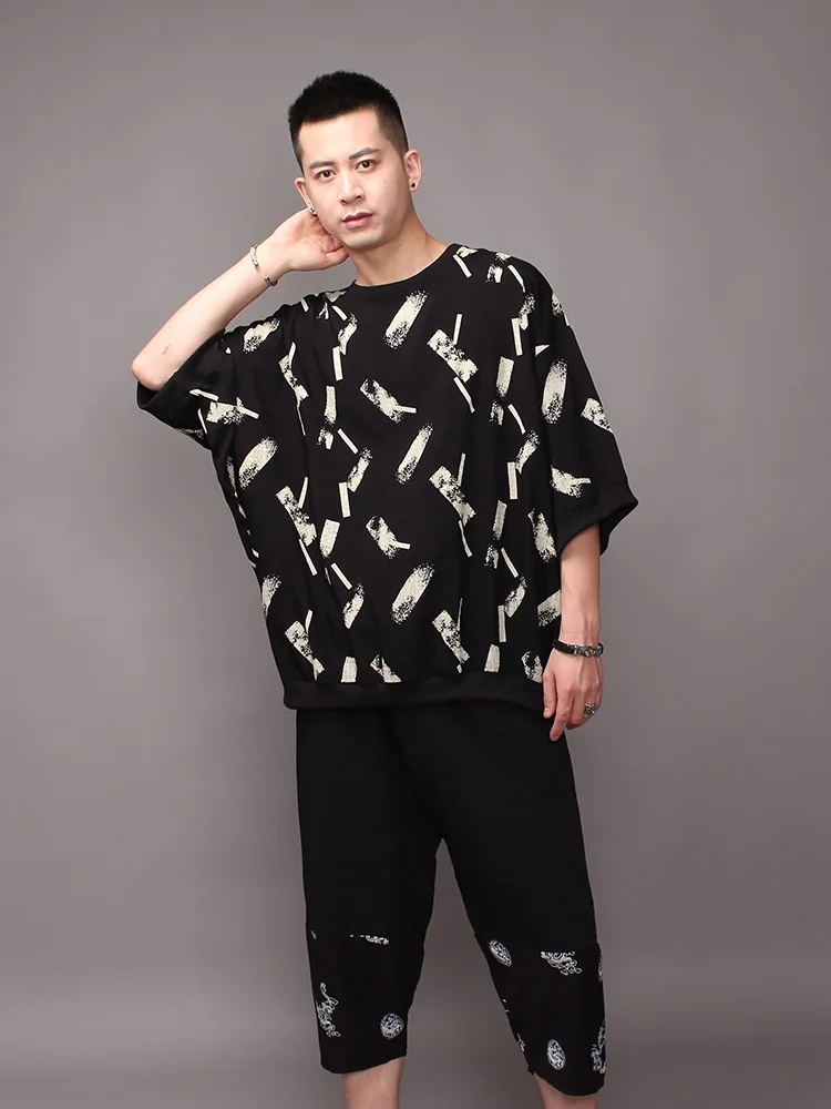 Dark summer printed loose bat sleeve T-shirt Men's fashion round collar sleeve top