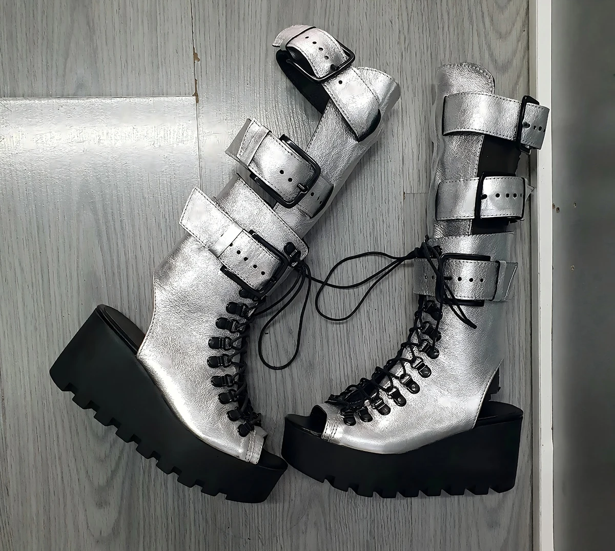 Silver Cyber Punk Platform Knee-High Boots Women Hollow Out Lace Up Open Toe Techwear Boots for Hot Girls