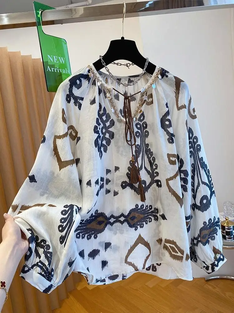 

Lady French Style Blouse Shirt Printing Boho Loose Sheer Hollow Out Vintage Comfort Vocation Ladies Women Casual Top