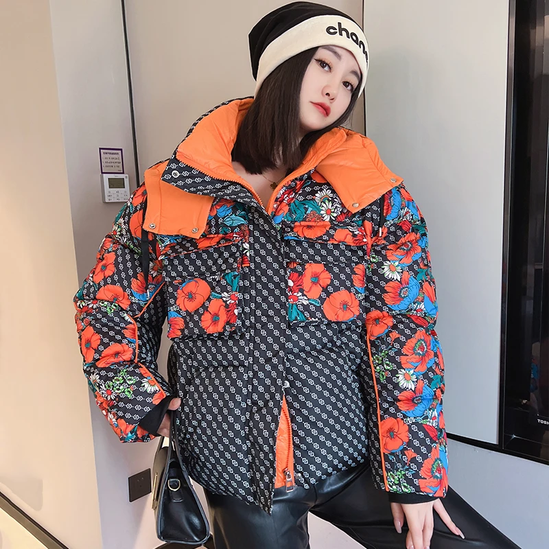 Y2K Women Coat Winter Printi Hooded Warm Ladies Short Parkas Oversize Puffer Jacket Female Waterproof Outerwear Street Fashion