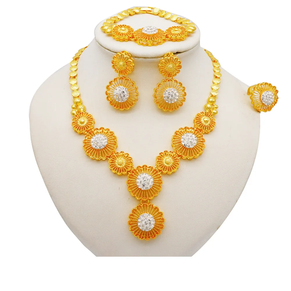 Women AU999 24K Gold Hollow Flower 4PCS Jewelry Set, Necklace Bracelet Earrings Ring Light Luxury Matching Ornaments