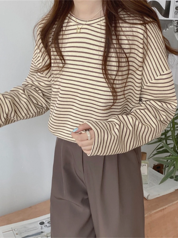 Alien Kitty Coffee Stripes Cotton T-Shirts Women Loose-Fitting Autumn 2023 Hot Sale Lady Casual Full Sleeve Chic All Match Tops