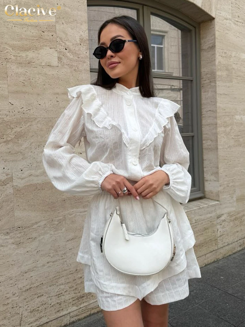 

Clacive Fashion Loose White Cotton Two Piece Outfits Woman 2026 Elegant Long Sleeve Shirt With High Waist Shorts Set Female