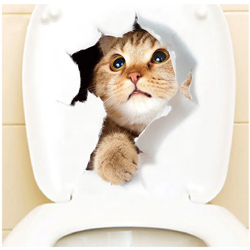 Lovely Cat Toilet Stickers For Wc Washroom Decoration Diy Vivid 3d Look Pet Animal Home Decals Pvc Wall Mural Art Print Posters