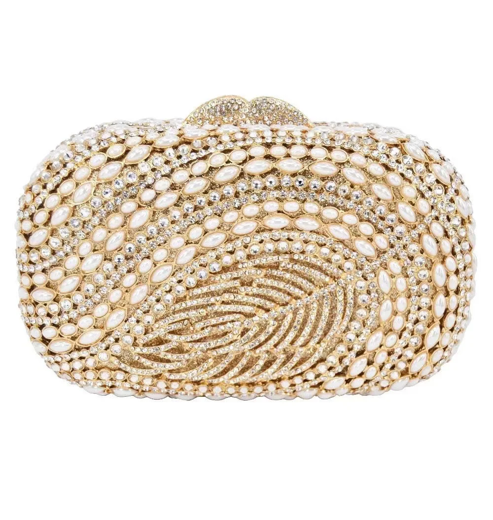 

Gold Pearl Bead Wedding Handbag Crystal Women Evening Clutch Bag Party Designer Hollow Exquiasite Purse Female Clutches