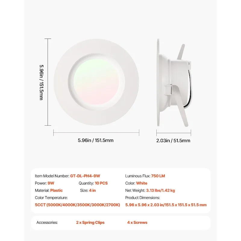 Paquet de 10 éclairage encastré LED rénovation de 4 pouces peut allumer 750 LM 9W 120V 5CCT