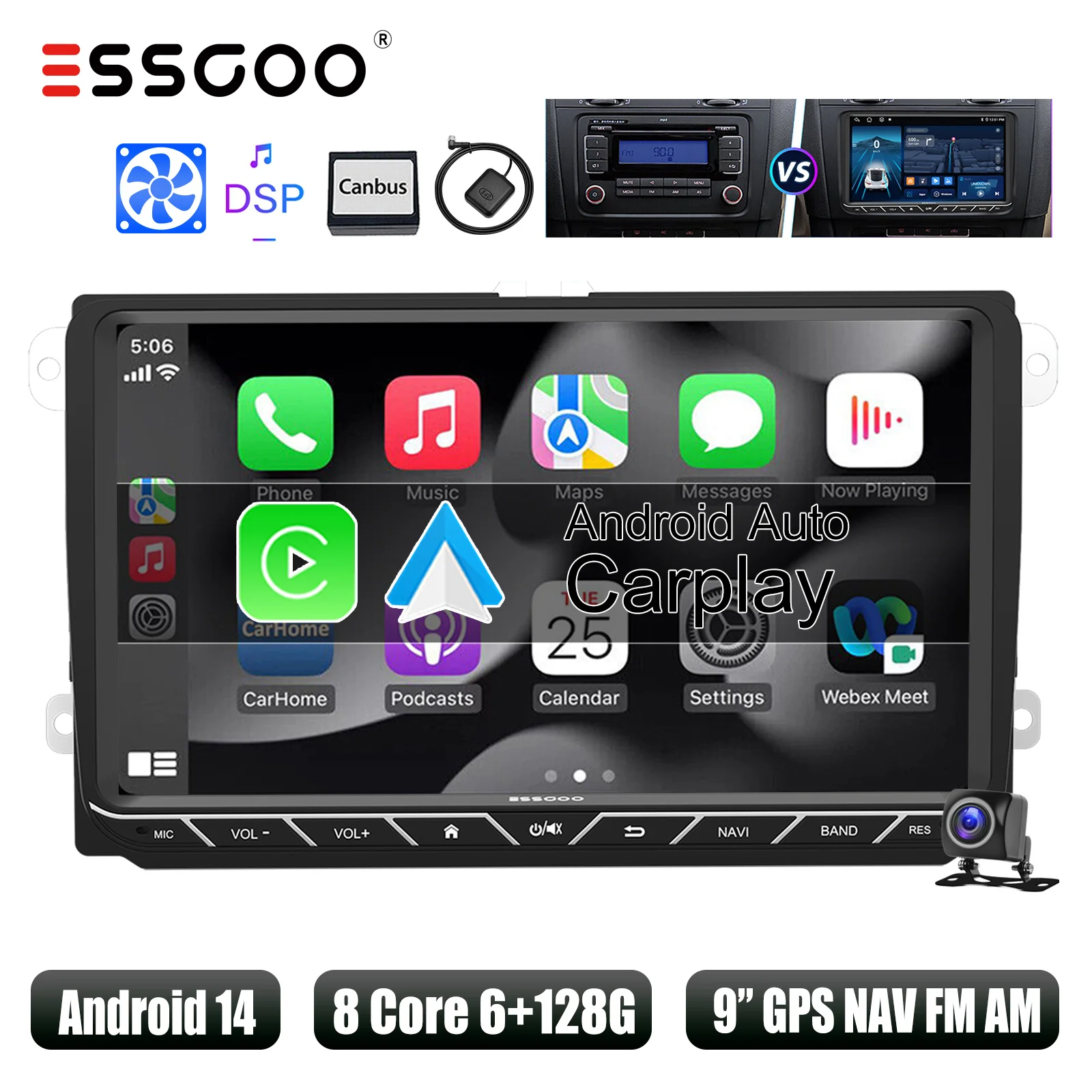 ESSGOO Autoradio 9" Android 14 6+128GB 8-core met Wireless Carplay voor VW Golf 5 6 Passat Polo Touran Tiguan Jetta, Android Auto, 4G DSP, GPS Navigatie, WiFi, FM/AM/RDS