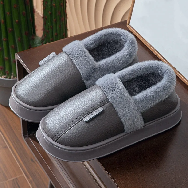 

Big Size 50 51 Men Home Winter Slippers Warm Shoes Thick Sole Plush Waterproof PU Leather Couples Cotton Flats Furry Floor Shoes