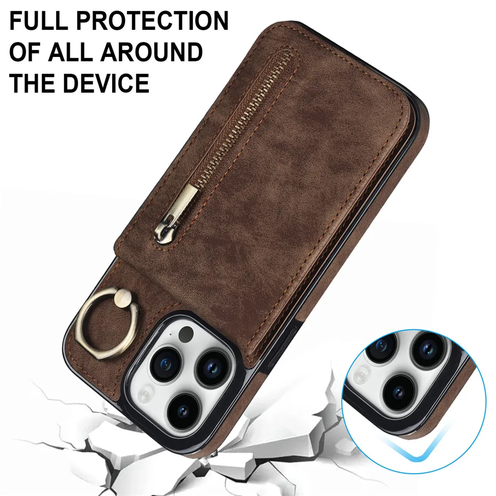 Zipper Cards Holder Leather Wallet Phone Case For iPhone 14 15 16 Pro Max 12 11 13 XS X XR 8 7 Plus Anti-drop Kickstand Cover