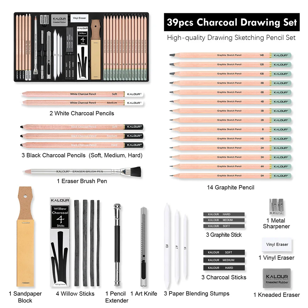 Kalour PDAS Set Pensil Sketsa 22/39 Buah Pensil Grafit Arang Batang Ergonomis Kit Gambar Lengkap Hadiah Seniman Kualitas PRO