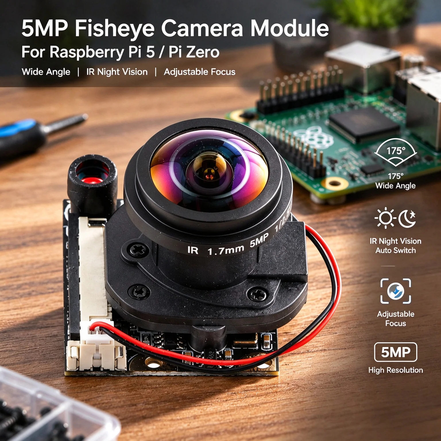 OV5647 Camera Module for Raspberry PI 5 ZERO 175 Degree FOV Wide Angle Fisheye 1.7MM 5MP HD Adjustable Automatic Switch IR-CUT