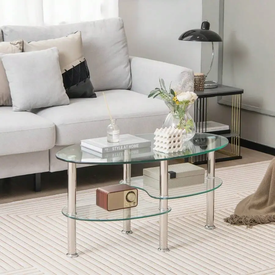 Tempered Glass Oval Side Coffee Table Shelf Base Living Room