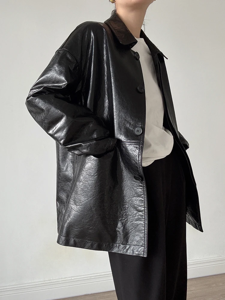 Vintage Black Genuine Leather Windbreaker Jackets for Women Spring Autumn 2025 New High-end Simple Oil Wax Real Sheepskin Coat