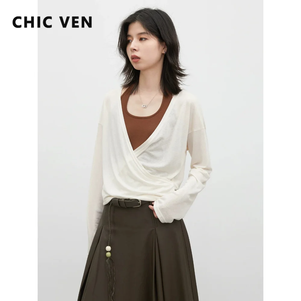 CHIC VEN New Women T-Shirts Cross V-neck Two-piece Contrast-color Halter Vest Lady Long-sleeved Top Pullover Spring Autumn 2026