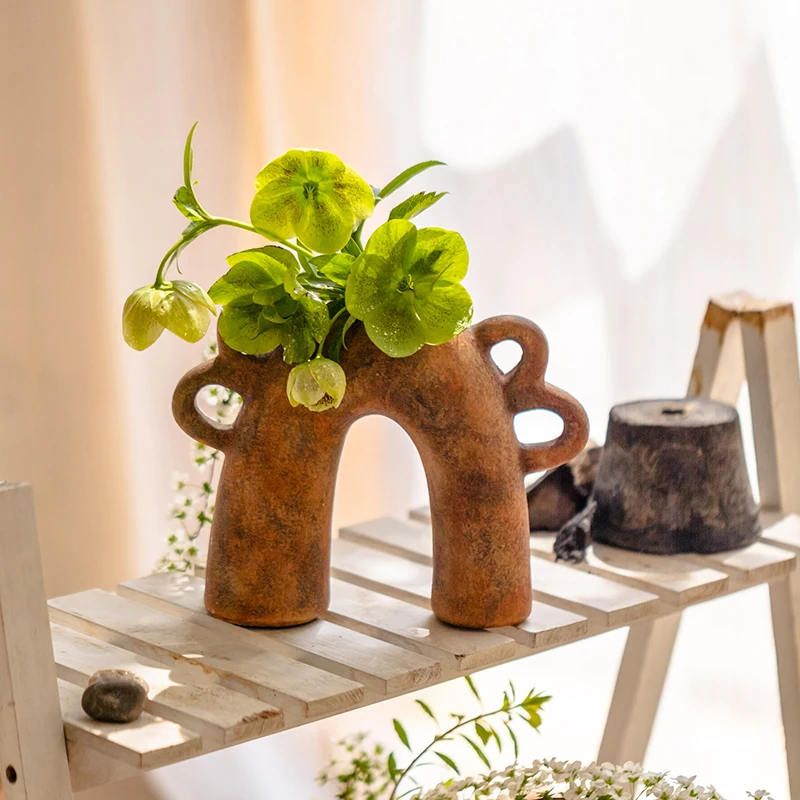 Macetas de cerámica roja estilo nórdico Wasabi y utensilios para flores, jarrones artísticos de flores secas, decoración del hogar, macetas artesanales para plantas