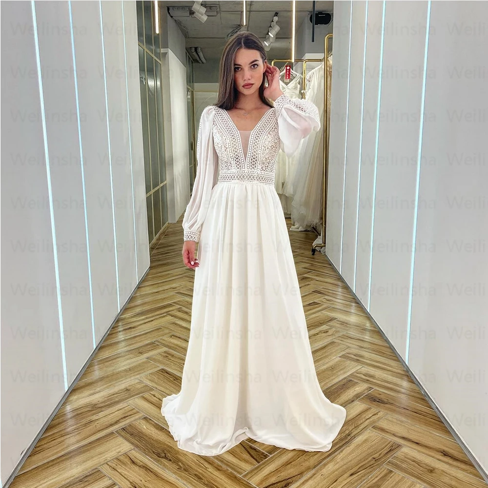 Weilinsha V Neck Strand Brautkleider Flauschigen Volle Hülse Spitze EINE Linie Hochzeit Kleider Neue Angekommen 2022 Robe De Mariée sommer Verkauf