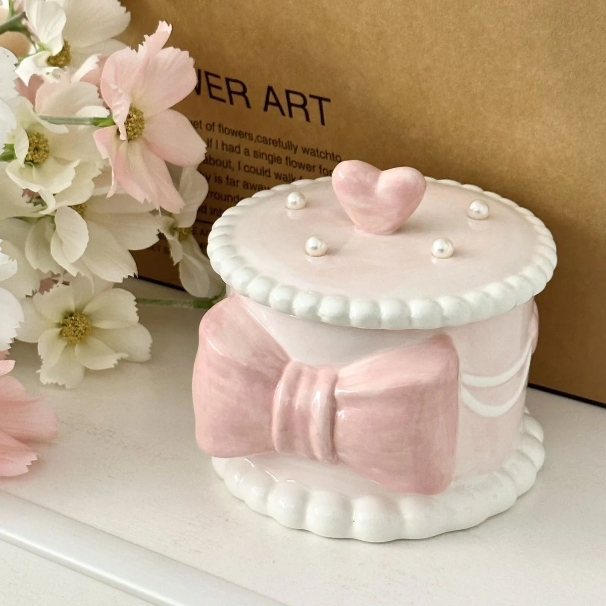 

Bow-tied Ceramic Pearl Jewelry Box Cute Painted Tabletop Trinket Festive Girly Heart Storage Jar