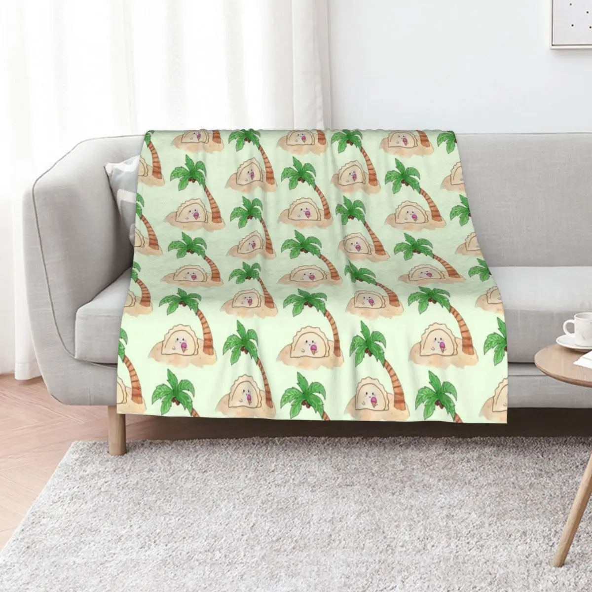 Dumpling pierogi on a deserted island with ice cream under a palm tree pattern Throw Blanket Kid'S Decorative Beds Warm Blankets