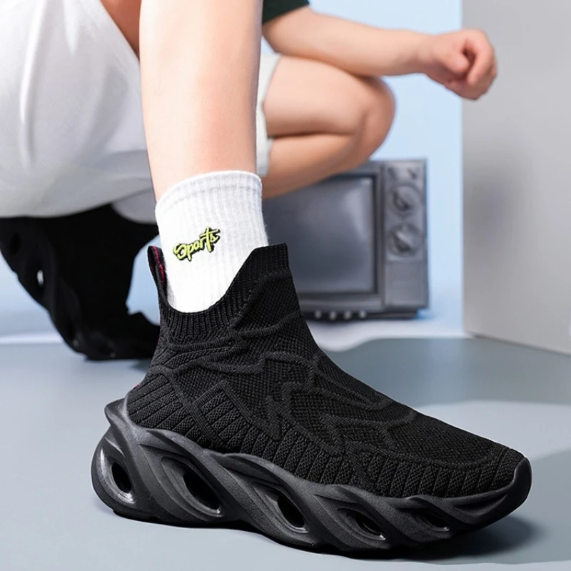 

Men's Knit Slip-On Chunky Sneakers 2026 Fall Round Toe Breathable Lightweight Casual Running Sports Shoes Plus Size