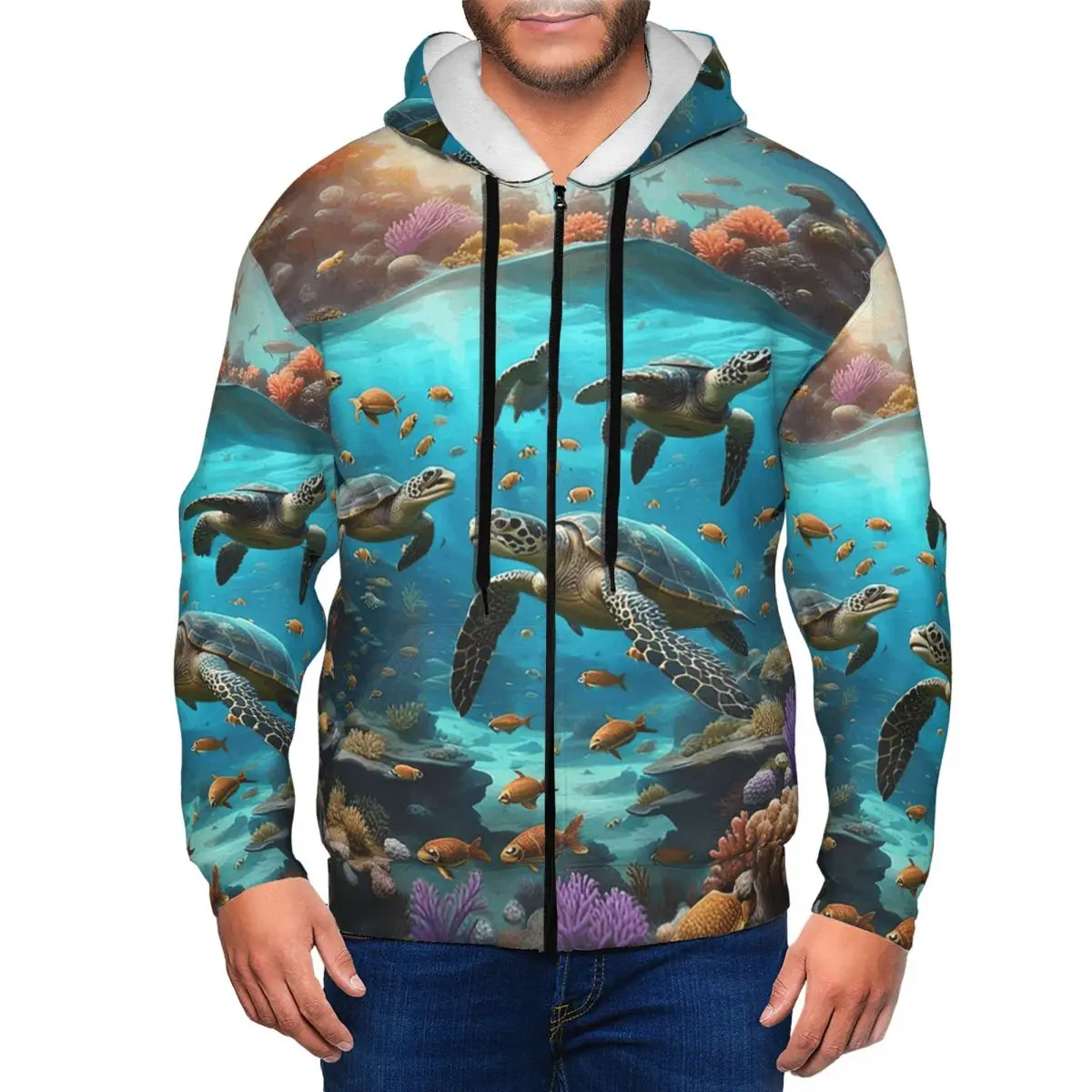 Deep Sea Turtle Underwater World Zipper Hoodies Hip Hop Pullover Autumn Winter Men Women Sweatshirts Long Sleeve Tops