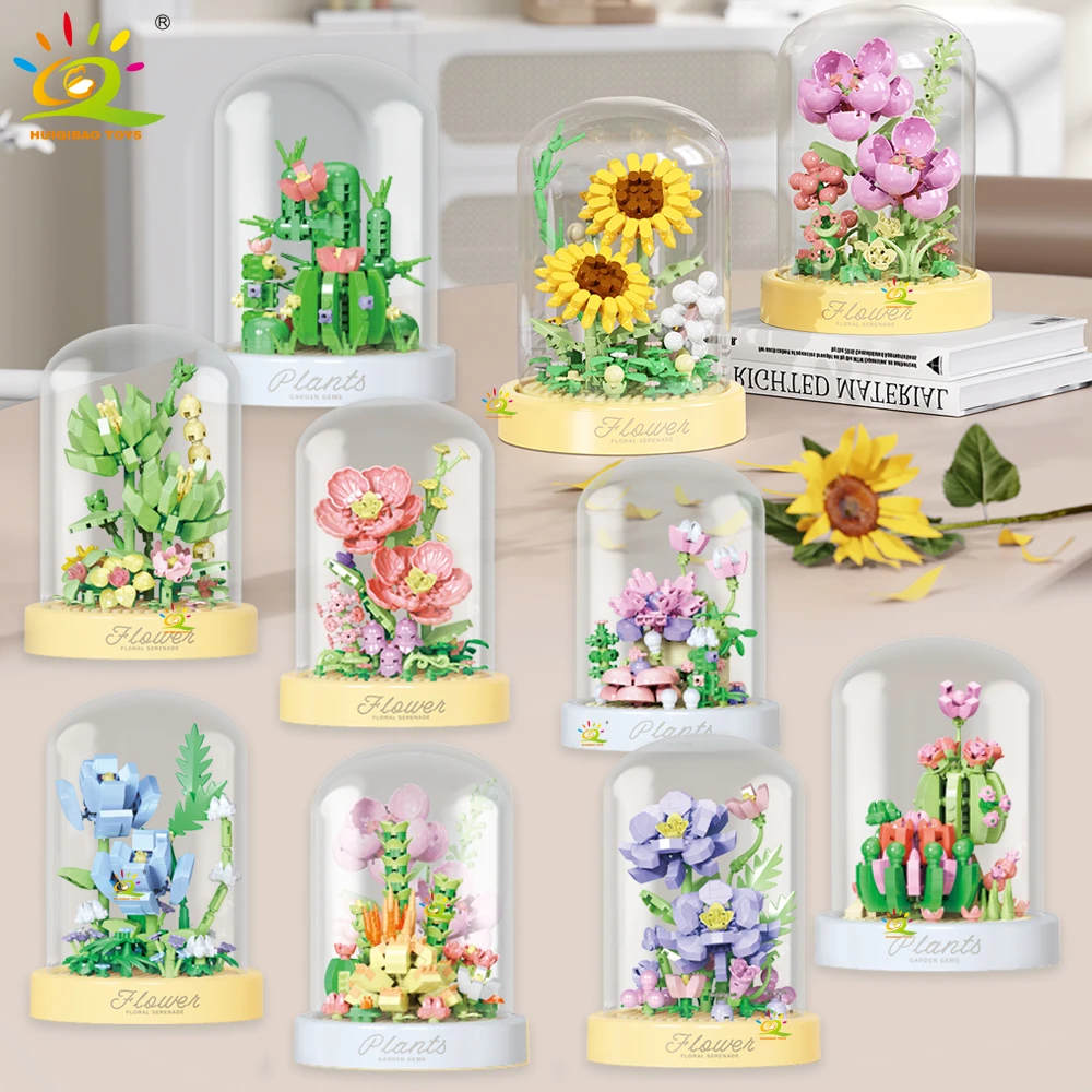 HUIQIBAO MOC Flower Display Box Micro Building Block MOC Mini Flower Mini Diamond Model Brick Toy for Children Desk Decoration