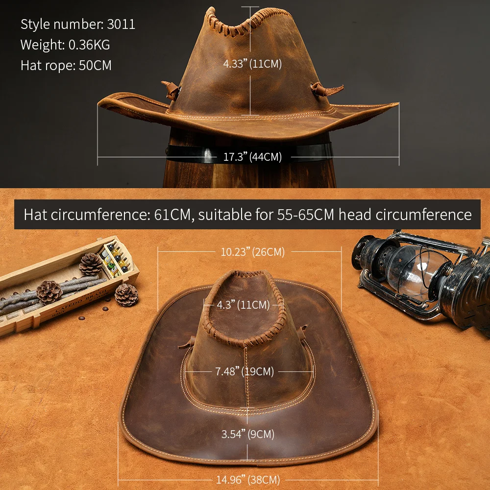 Australian Style Vintage Crazy Horse Genuine Leather Hat Wide Brim Western Cowboy Hats Men Sun Visor Cap Women Travel 3011