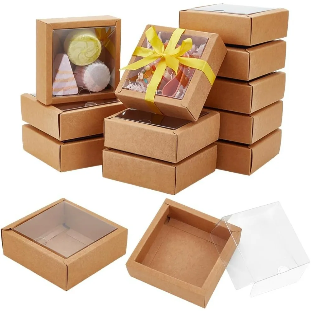 

20 шт. 3,3 × 3,3 × 1,3 дюйма коричневые квадратные бумажные коробки с прозрачным окном из ПВХ бумажные коробки для угощений для свадебного подарка на фестиваль