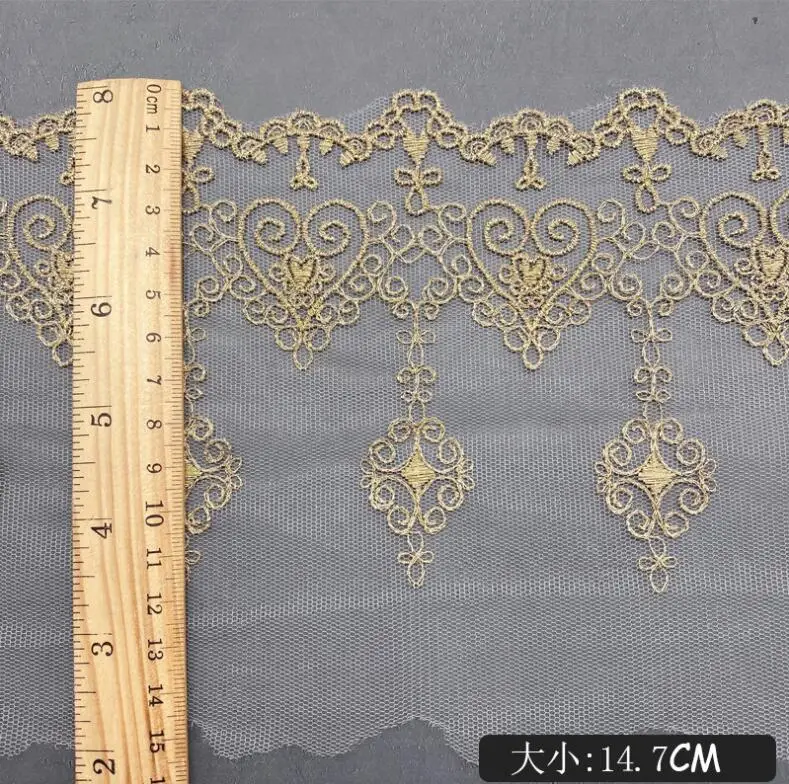 2 Yards Width 14.7cm Vintage Gold Mesh Embroidery Lace Fabric DIY Lace Applique Trim DIY Garment Sofa Lace Trimming