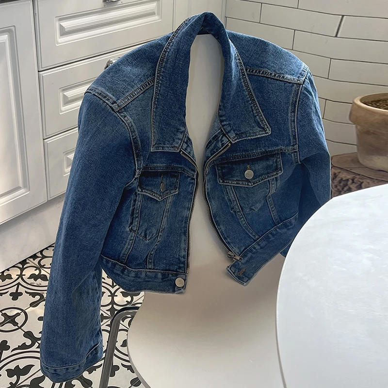 Jaket Denim lengan panjang kerah lipat mantel Denim longgar Single Breasted saku Solid Veste Femme Korea Chic Zip semua cocok