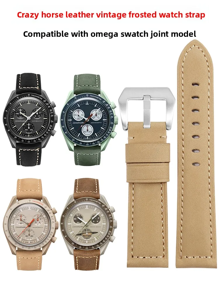 Leather Watch Strap for Omega Swatch Joint Water Saturn Leather Strap 20mm Speedmaster Cow Retro Bracelet
