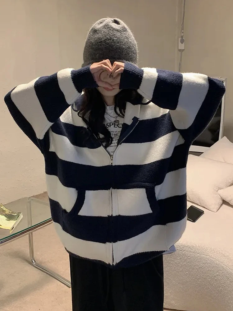 Autumn Stripe Cardigan Women Korean Fashion Knitted Sweater Female Sweet Hooded Knitwear Coat Lady Casual Loose Zip Up Cardigans