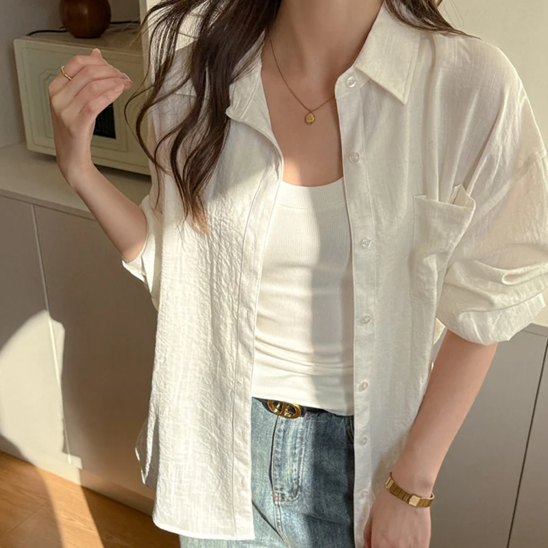 

Linen Summer Sunscreen Shirt Women Solid Color Loose Single Breasted Blouse Woman with Pocket Wild Long Sleeve Shirts Ladies