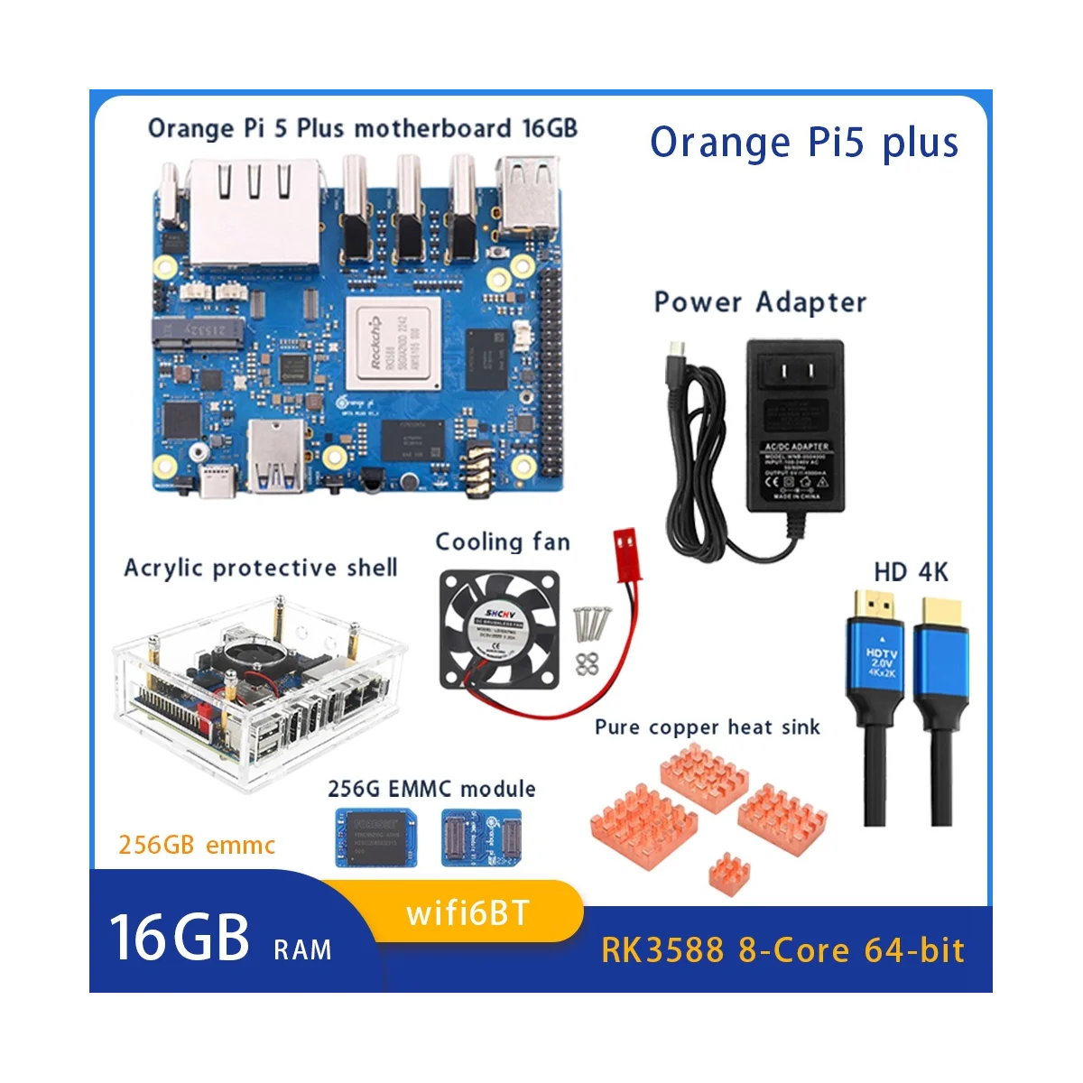 For Orange Peel 5 Plus 16GBRAM 256GB Emmc Module RK3588 Octa-Core Support 8K Video 2.5G WiFi6 Module Accessories US Plug