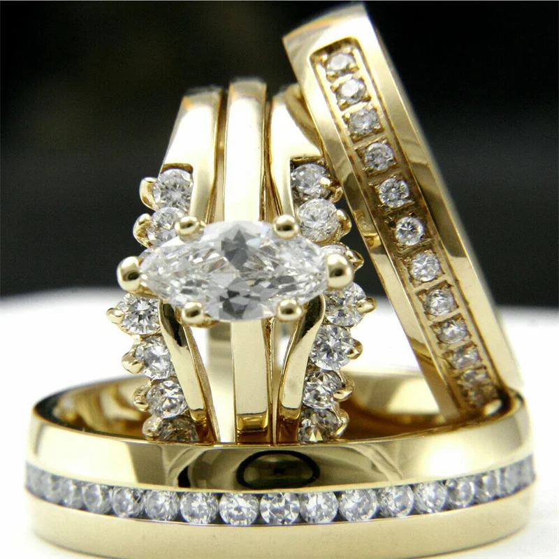 CAOSHI Gorgeous Gold Color Promise Rings for Couples Luxury Wedding Bands Accessories with Bright Zirconia Trendy Finger Jewelry