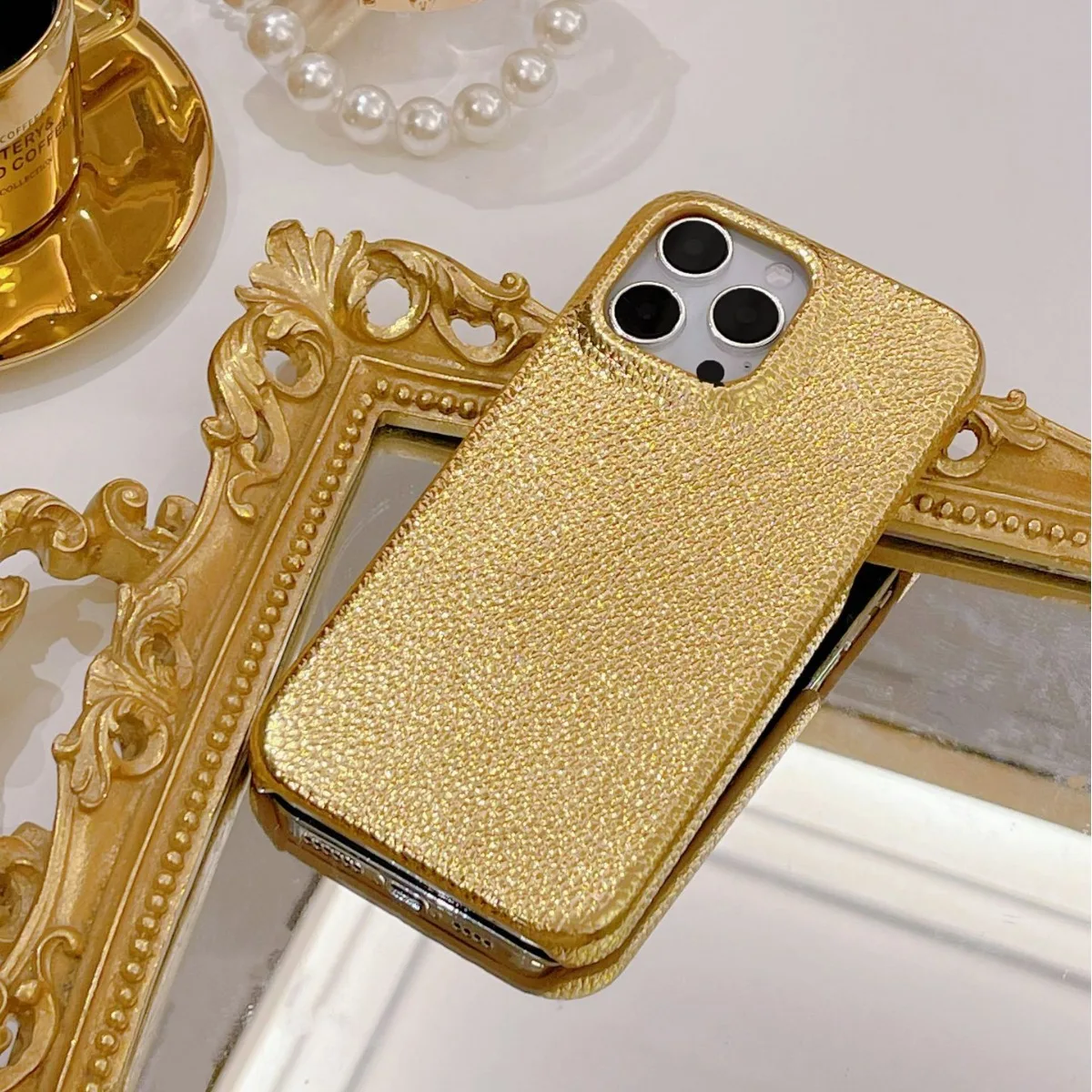 نمط ليتشي ذهبي وفضي SR مناسب لهاتف آيفون 16 برو ماكس آيفون 13 حافظة هاتف 11/12 ملمس راقي 14 برو نمط جلدي