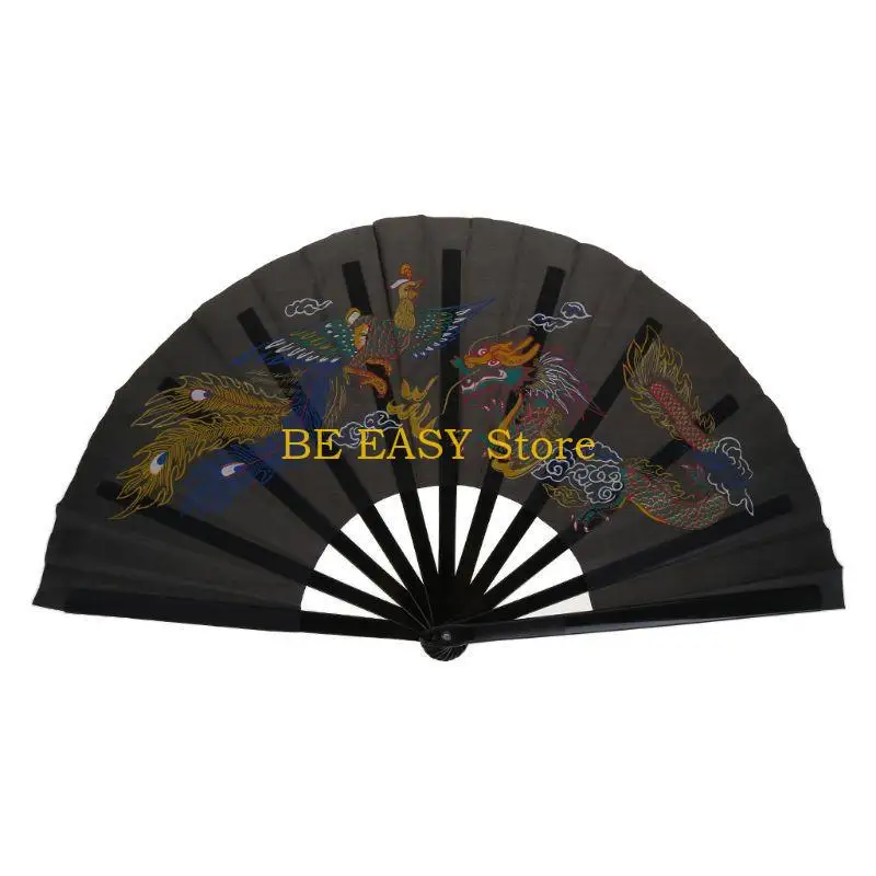 E28F Chinese Kung Fu Fan Tai for Chi Martial Arts Dragon Phoenix Plastic Handheld Fol