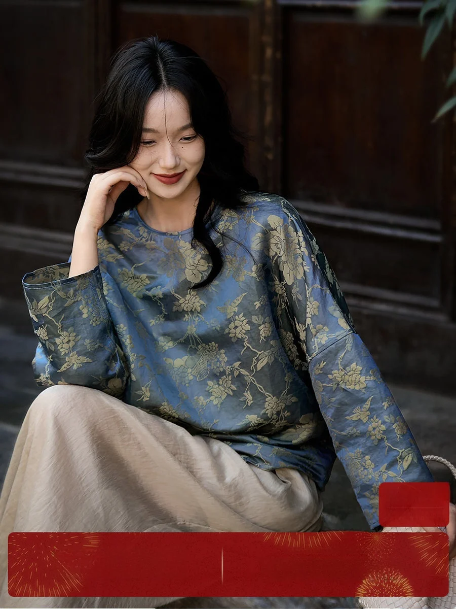 

New Chinese Sle Loose Top Silk Cotton Linen Embroidered Satin Double Sided Wear Courard Spring Scene Flowing irt